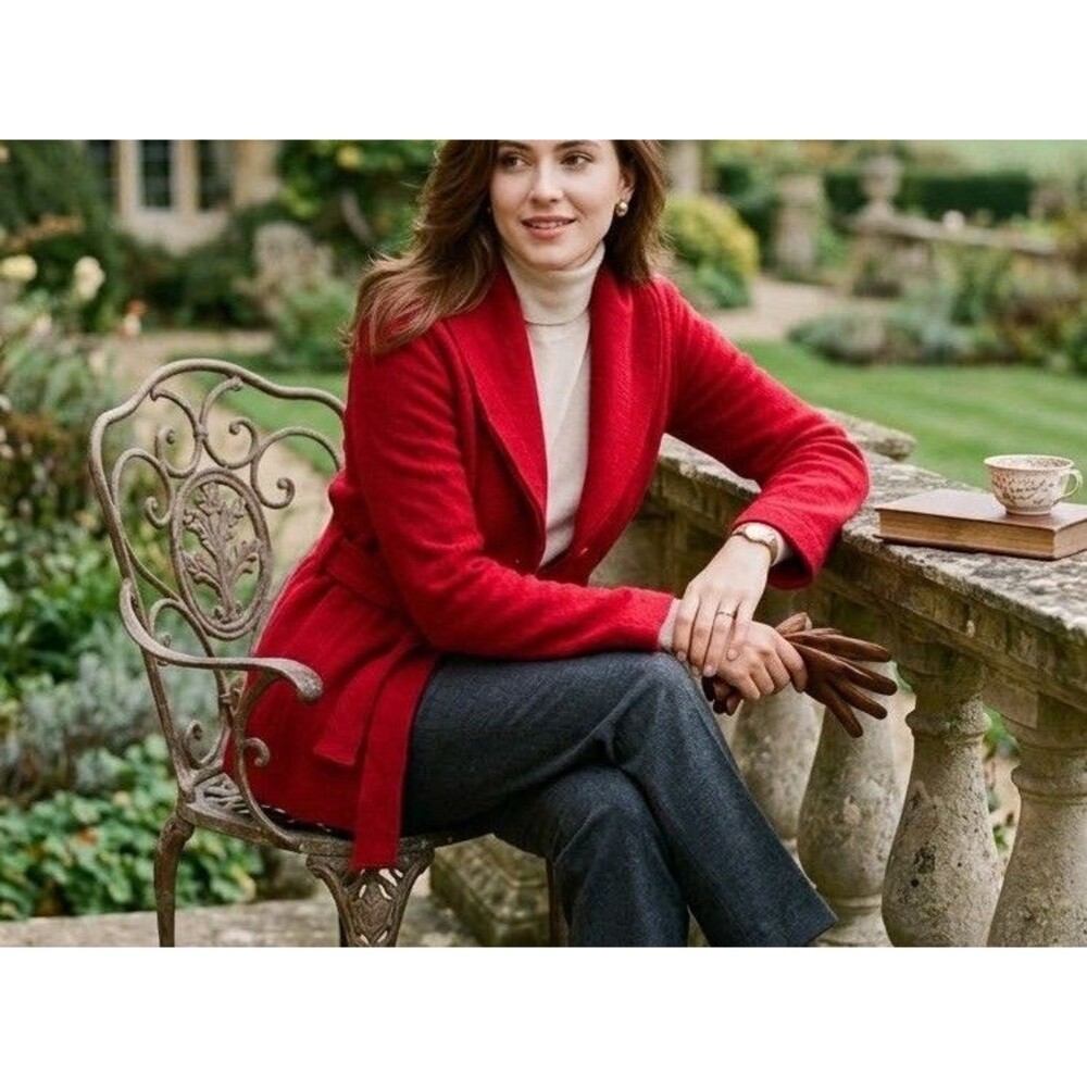 CAbi Red 100% Merino Wool Belted Wrap Cardigan Jacket Sweater Belt M Style 167